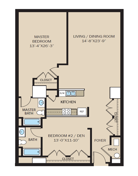 Floor plan for 2 beds, 2 baths, 1229 sqft